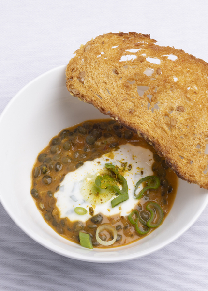 Green Lentil Dahl with Skyr, Cilantro, and Corn Tuile