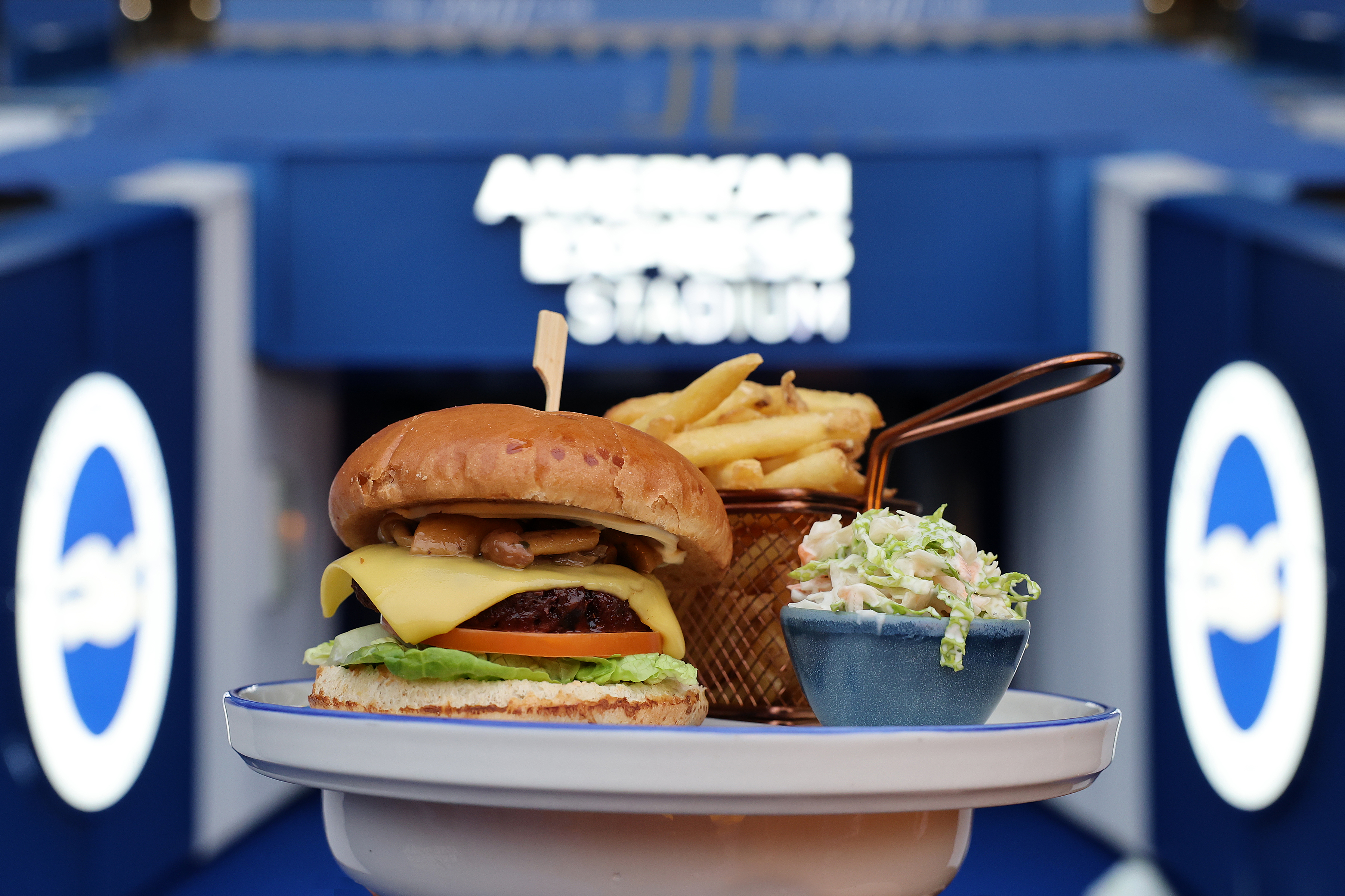 Image of plant based burger in front of the player tunnel at BHAFC