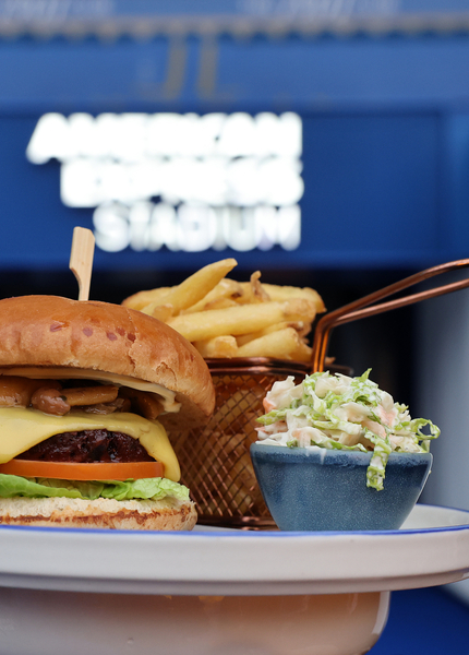 Image of plant based burger in front of the player tunnel at BHAFC