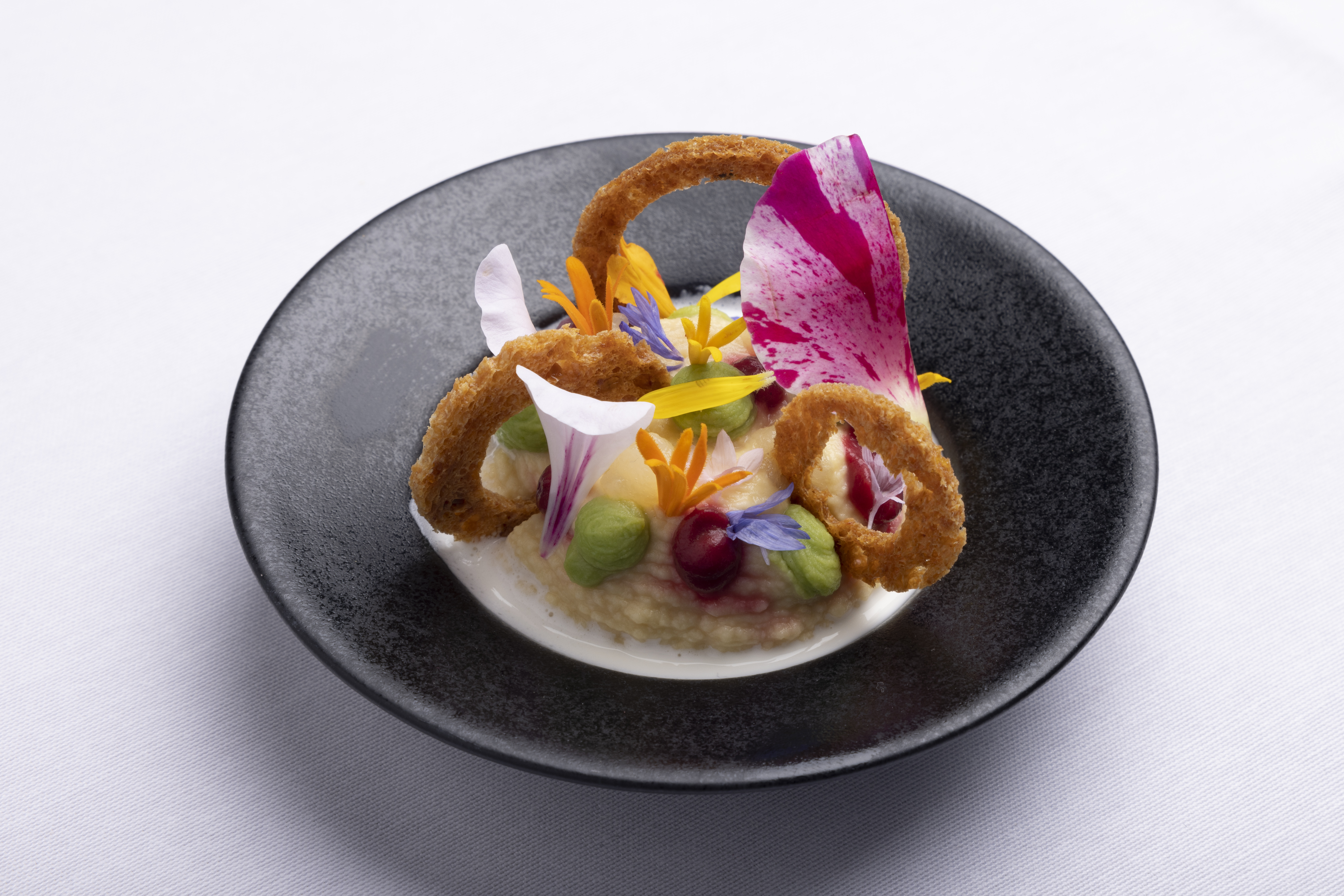 Chickpea Paste, Herbaceous Chickpeas, Green Peas, Smoked Fish Milk