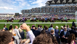 horses racing on track with people cheering
