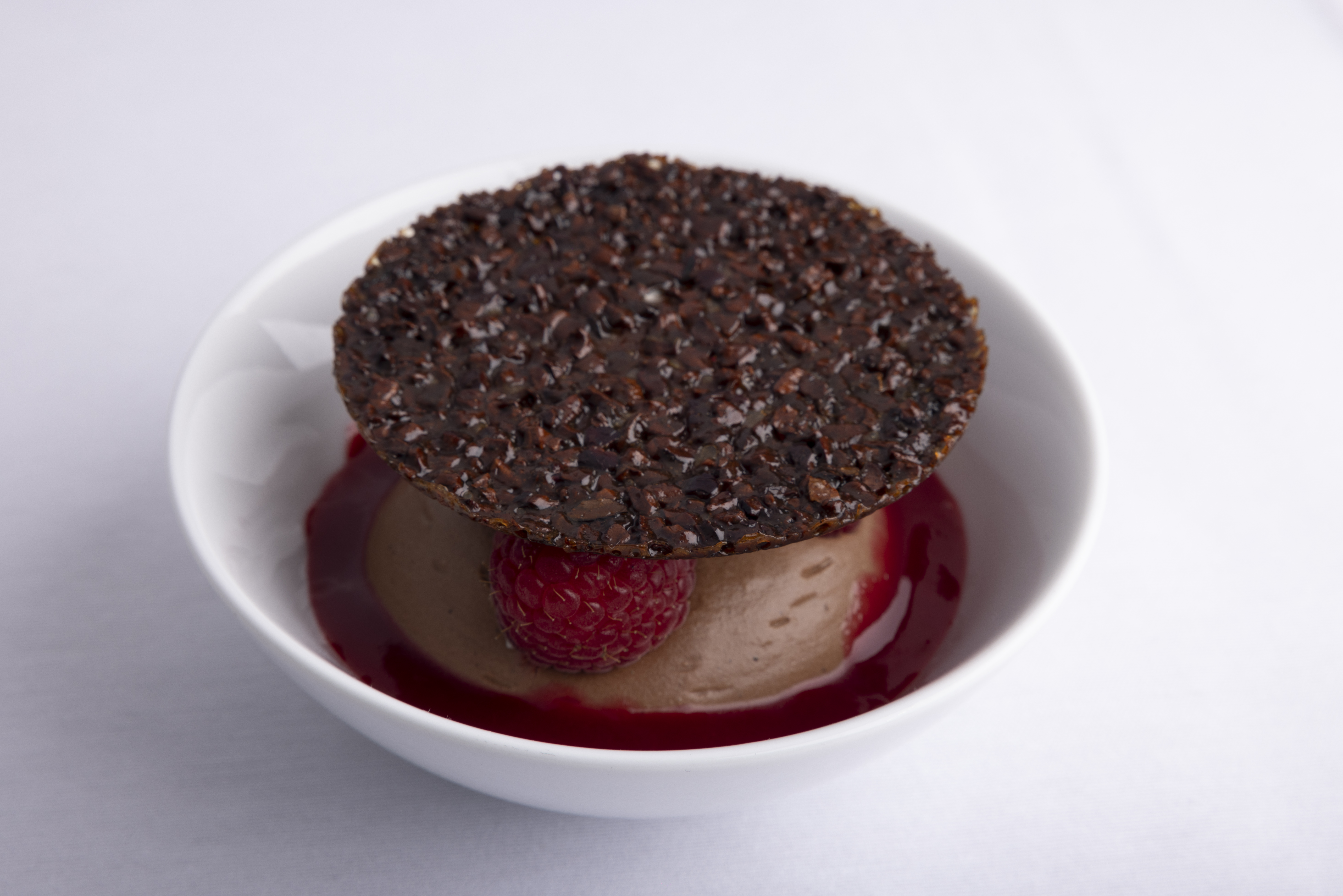 Light Evocao 72% Chocolate Mousse, Raspberries, and Crispy Tuile