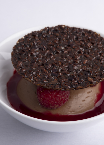 Light Evocao 72% Chocolate Mousse, Raspberries, and Crispy Tuile